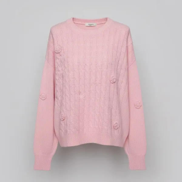 Women Imported Shein Light Pink Cable Knitted Sweater with 3D Flowers