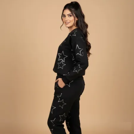 Shein Imported | Women's Black 'Dazzling Star' Fleece Tracksuit Size M
