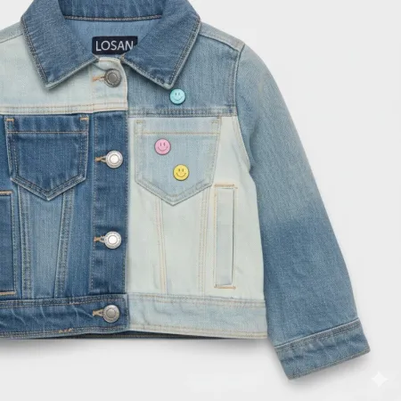 LOSAN Children's Girls' Blue Denim Jacket | Two-Tone Patchwork | Cute Smiley Pins | Ages 1-2 Years