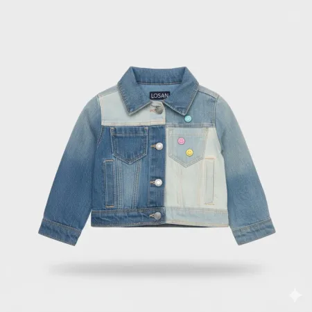 LOSAN Children's Girls' Blue Denim Jacket | Two-Tone Patchwork | Cute Smiley Pins | Ages 1-2 Years