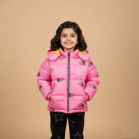 Kids' Pink Winter Puffer Jacket | Hooded | Yellow-Lined | All-Over Print (Ages 2 to 4Y)