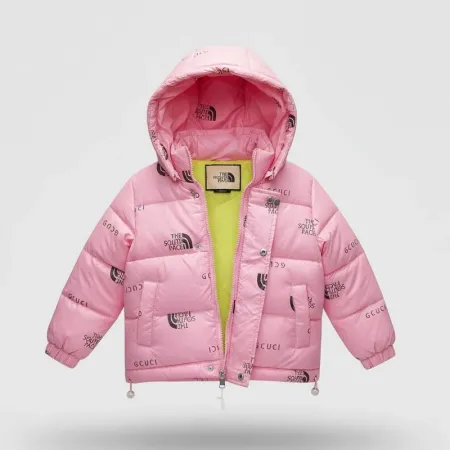 Kids' Pink Winter Puffer Jacket | Hooded | Yellow-Lined | All-Over Print (Ages 2 to 4Y)