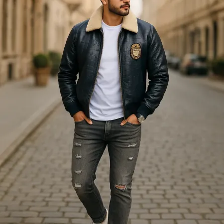 Premium Billionaire Men's Crocodile Style Blue Bomber Jacket with Fur Collar