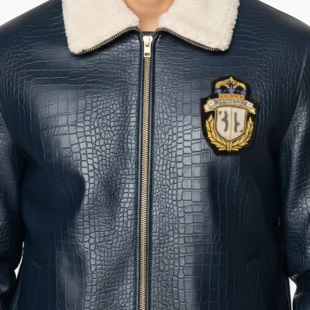Premium Billionaire Men's Crocodile Style Blue Bomber Jacket with Fur Collar