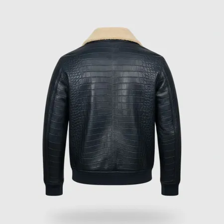 Premium Billionaire Men's Crocodile Style Blue Bomber Jacket with Fur Collar