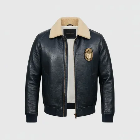Premium Billionaire Men's Crocodile Style Blue Bomber Jacket with Fur Collar