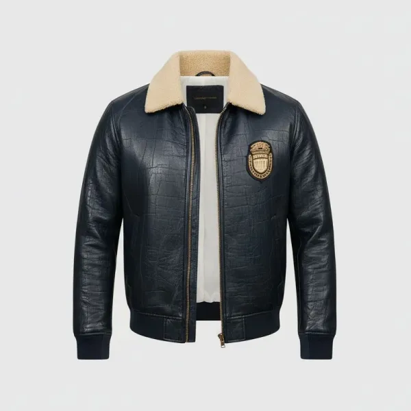 Premium Billionaire Men's Crocodile Style Blue Bomber Jacket with Fur Collar