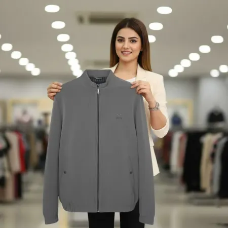 Men's Grey Textured Bomber Jacket with Zip Pockets