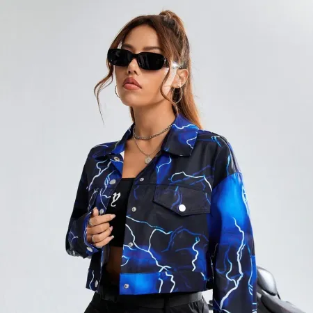 SHEIN Coolane Lightning Print Button Front Crop Jacket