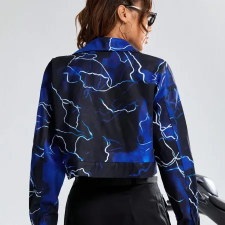 SHEIN Coolane Lightning Print Button Front Crop Jacket