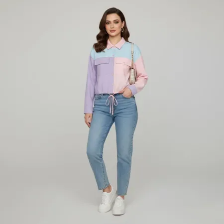 WDIRARA Women's Color Block Long Sleeve Flat Pocket Crop Jacket Collared Neck Drop Shoulder Top WDIRARA Women's Color Block Long Sleeve Flat Pocket Crop Jacket Collared Neck Drop Shoulder Top