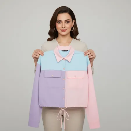 WDIRARA Women's Color Block Long Sleeve Flat Pocket Crop Jacket Collared Neck Drop Shoulder Top WDIRARA Women's Color Block Long Sleeve Flat Pocket Crop Jacket Collared Neck Drop Shoulder Top