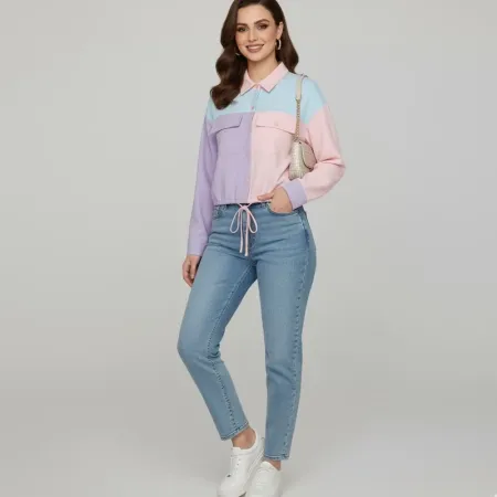 WDIRARA Women's Color Block Long Sleeve Flat Pocket Crop Jacket Collared Neck Drop Shoulder Top WDIRARA Women's Color Block Long Sleeve Flat Pocket Crop Jacket Collared Neck Drop Shoulder Top