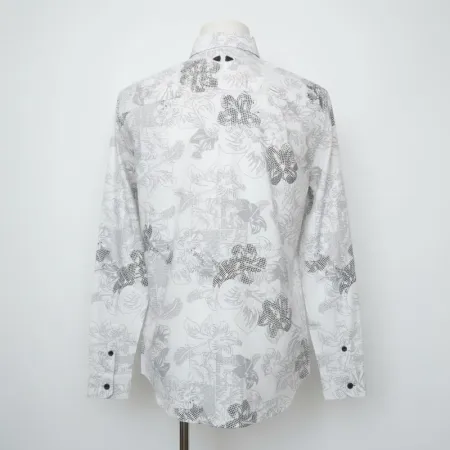 ZARA Men's Cotton Abstract Floral Long Sleeve Shirt - Grey & White Print