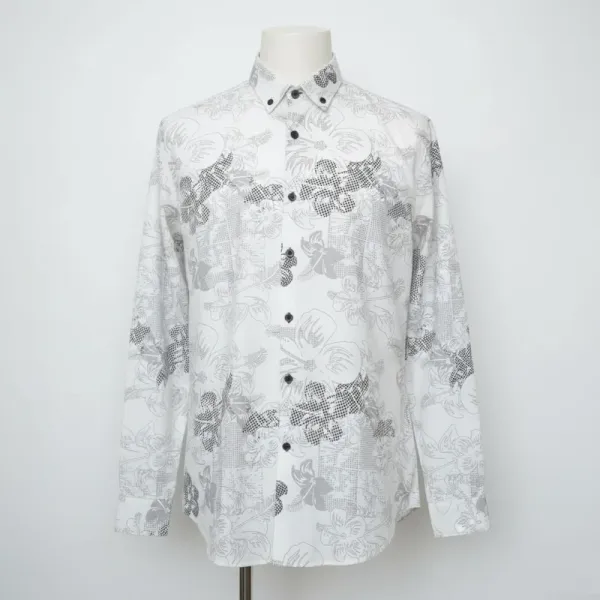 ZARA Men's Cotton Abstract Floral Long Sleeve Shirt - Grey & White Print