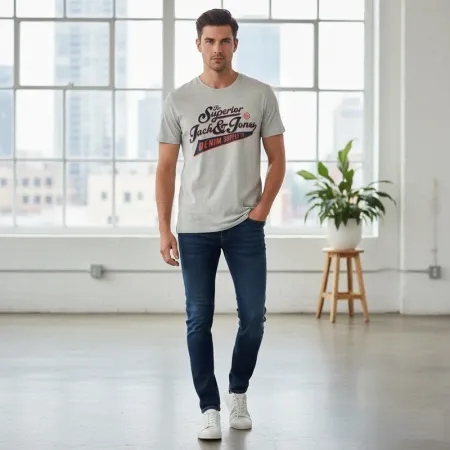 Jack & Jones™ Men's Light Gray Cotton T-Shirt – Medium Fit, Imported