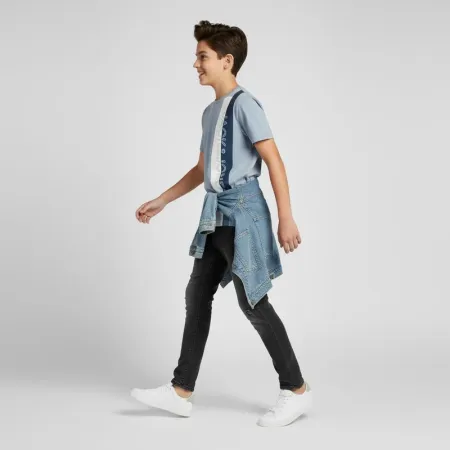 Jack & Jones Boys' Vertical Logo T-shirt - Grey/Blue Panel Cotton Crew Neck (14 Years)