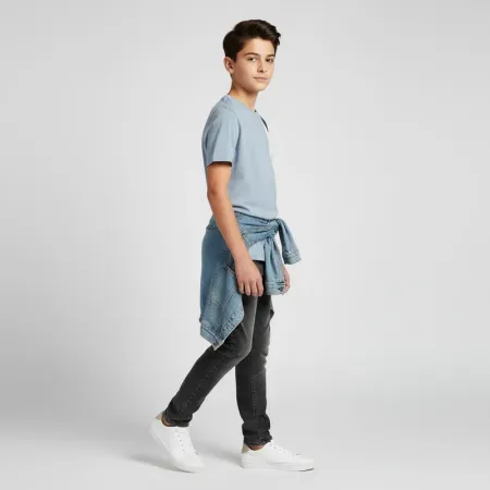 Jack & Jones Boys' Vertical Logo T-shirt - Grey/Blue Panel Cotton Crew Neck (14 Years)