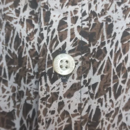 Hollister Men's Band Collar Casual Shirt | Brown & White Printed Cotton | Medium