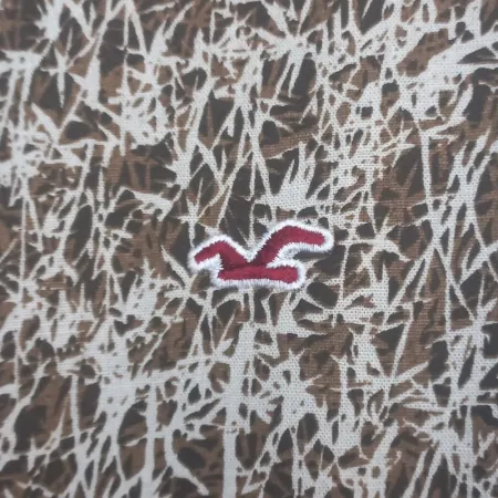 Hollister Men's Band Collar Casual Shirt | Brown & White Printed Cotton | Medium