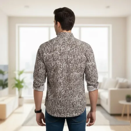 Hollister Men's Band Collar Casual Shirt | Brown & White Printed Cotton | Medium