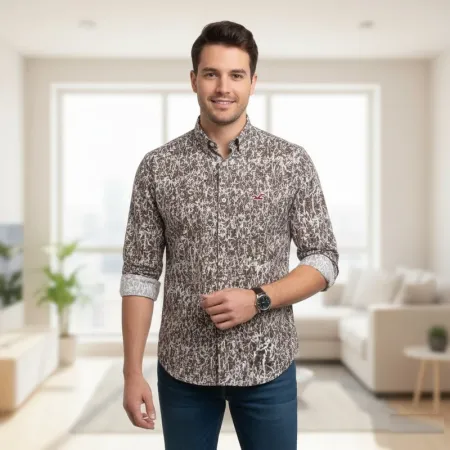 Hollister Men's Band Collar Casual Shirt | Brown & White Printed Cotton | Medium