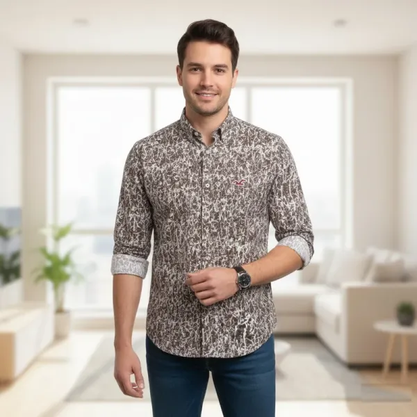 Hollister Men's Band Collar Casual Shirt | Brown & White Printed Cotton | Medium