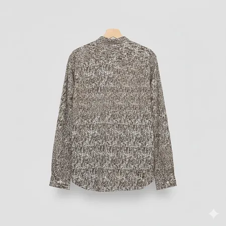 Hollister Men's Band Collar Casual Shirt | Brown & White Printed Cotton | Medium