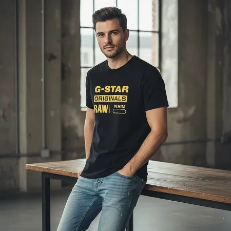 G-STAR RAW Men's Originals Logo T-Shirt | Black & Yellow Graphic | Cotton | Medium