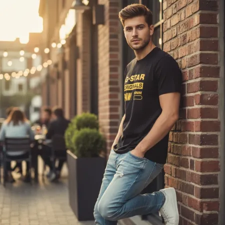 G-STAR RAW Men's Originals Logo T-Shirt | Black & Yellow Graphic | Cotton | Medium