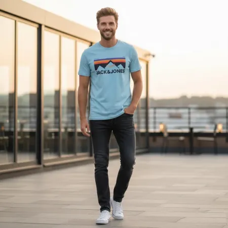 Jack & Jones Originals Men's Mountain Graphic T-Shirt | Light Blue Cotton | Imported | Large